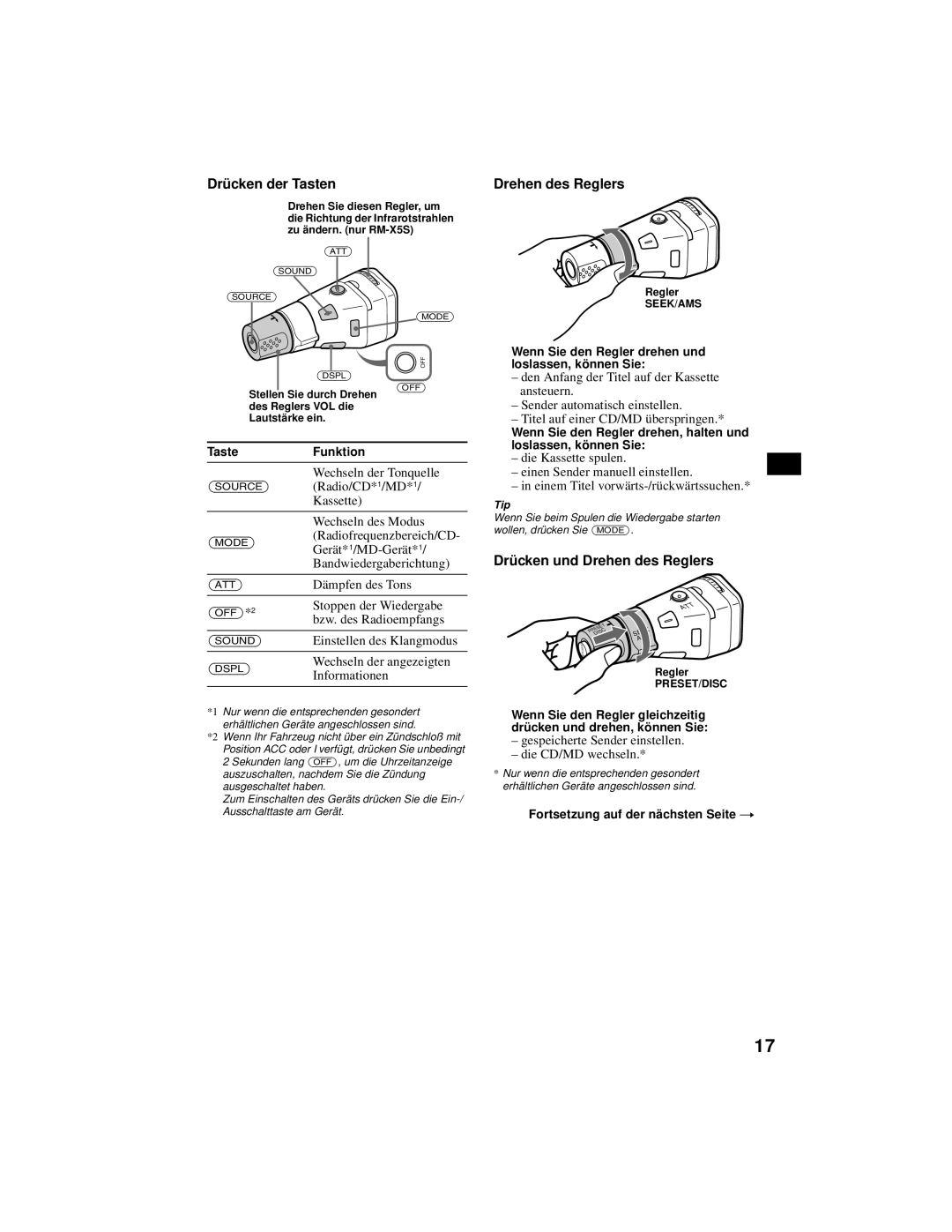 Sony XR-CA800 operating instructions Drü cken der Tasten, Drü cken und Drehen des Reglers 