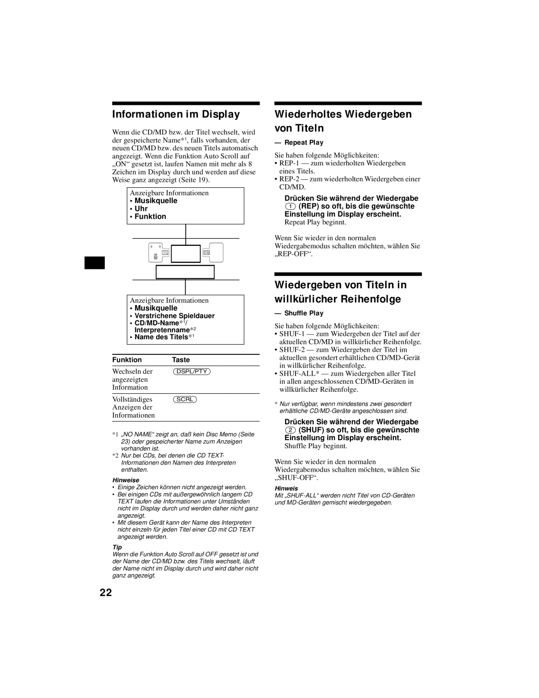 Sony XR-CA800 operating instructions Informationen im Display, Wiedergeben von Titeln in willkürlicher Reihenfolge 