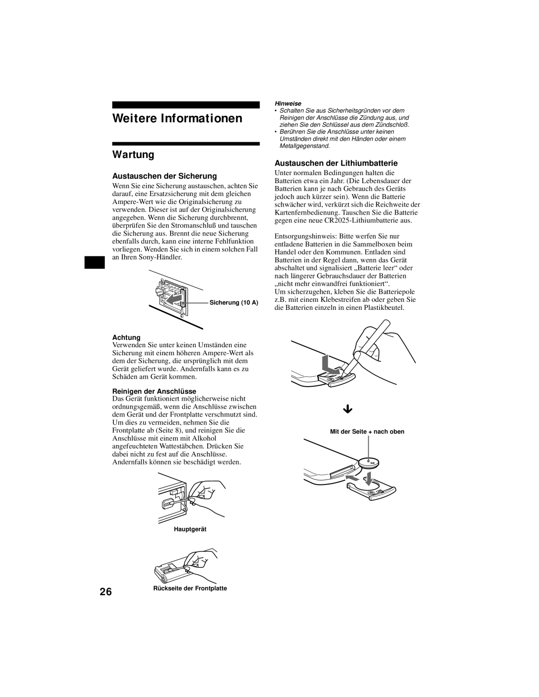 Sony XR-CA800 Weitere Informationen, Wartung, Austauschen der Sicherung, Austauschen der Lithiumbatterie 