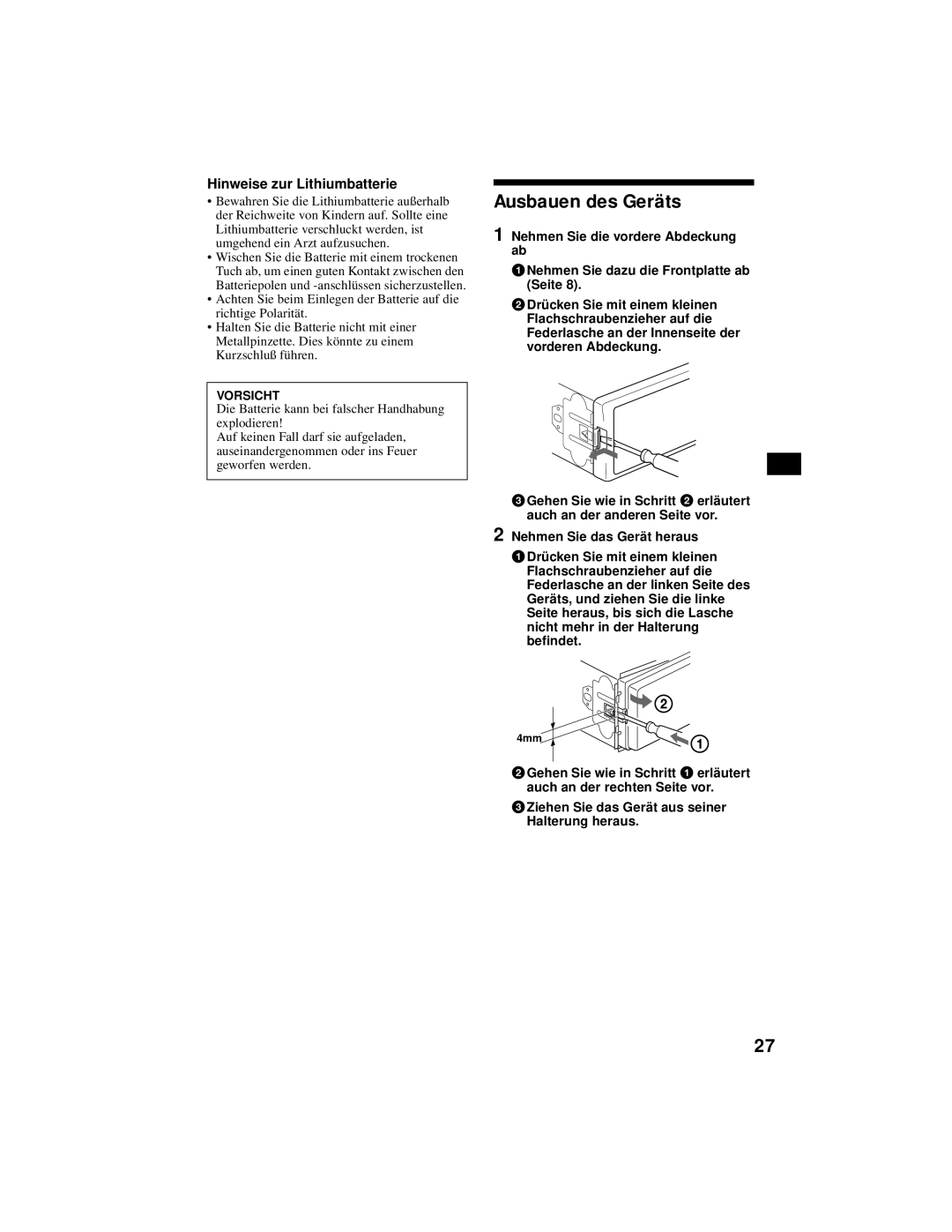 Sony XR-CA800 operating instructions Ausbauen des Geräts, Hinweise zur Lithiumbatterie 