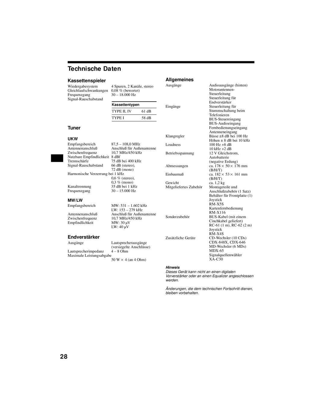 Sony XR-CA800 operating instructions Technische Daten, Kassettenspieler, Tuner, Endverstä rker, Allgemeines 