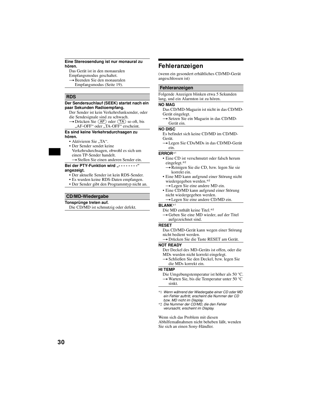 Sony XR-CA800 operating instructions Fehleranzeigen, CD/MD-Wiedergabe 