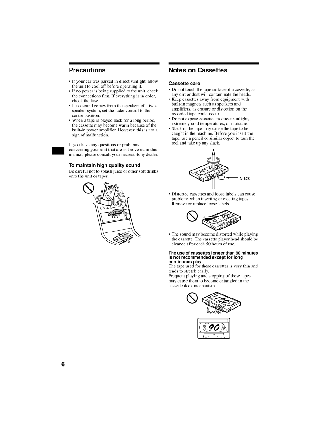 Sony XR-CA800 operating instructions Precautions, To maintain high quality sound, Cassette care 