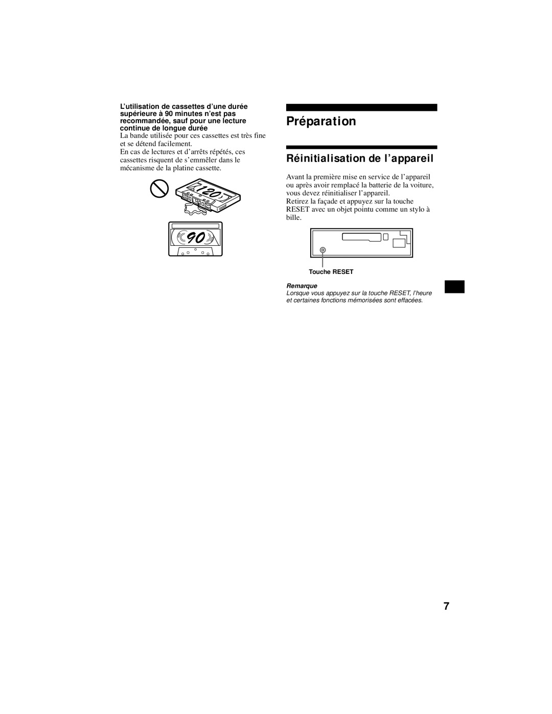 Sony XR-CA800 operating instructions Préparation, Réinitialisation de l’appareil 