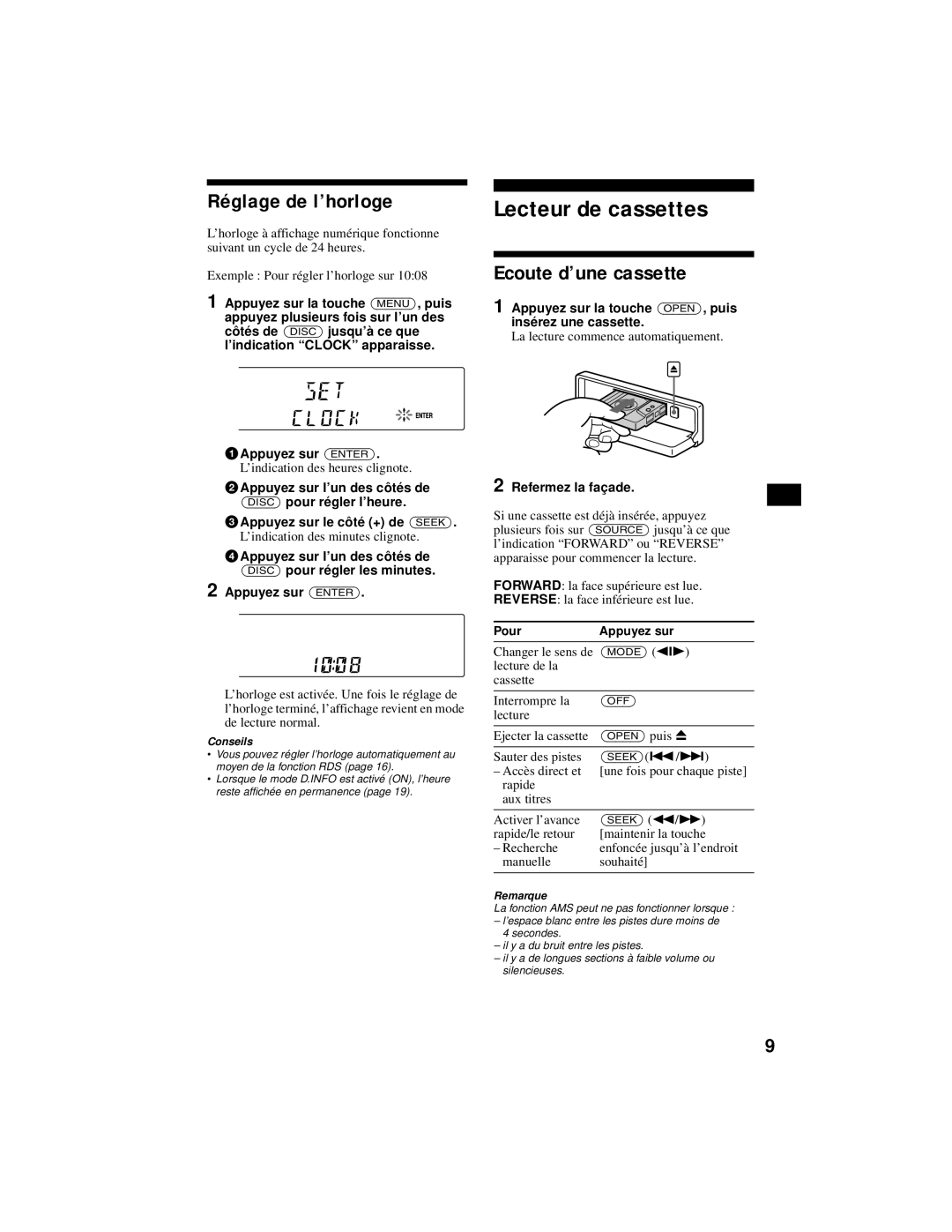 Sony XR-CA800 operating instructions Lecteur de cassettes, Réglage de l’horloge, Ecoute d’une cassette 