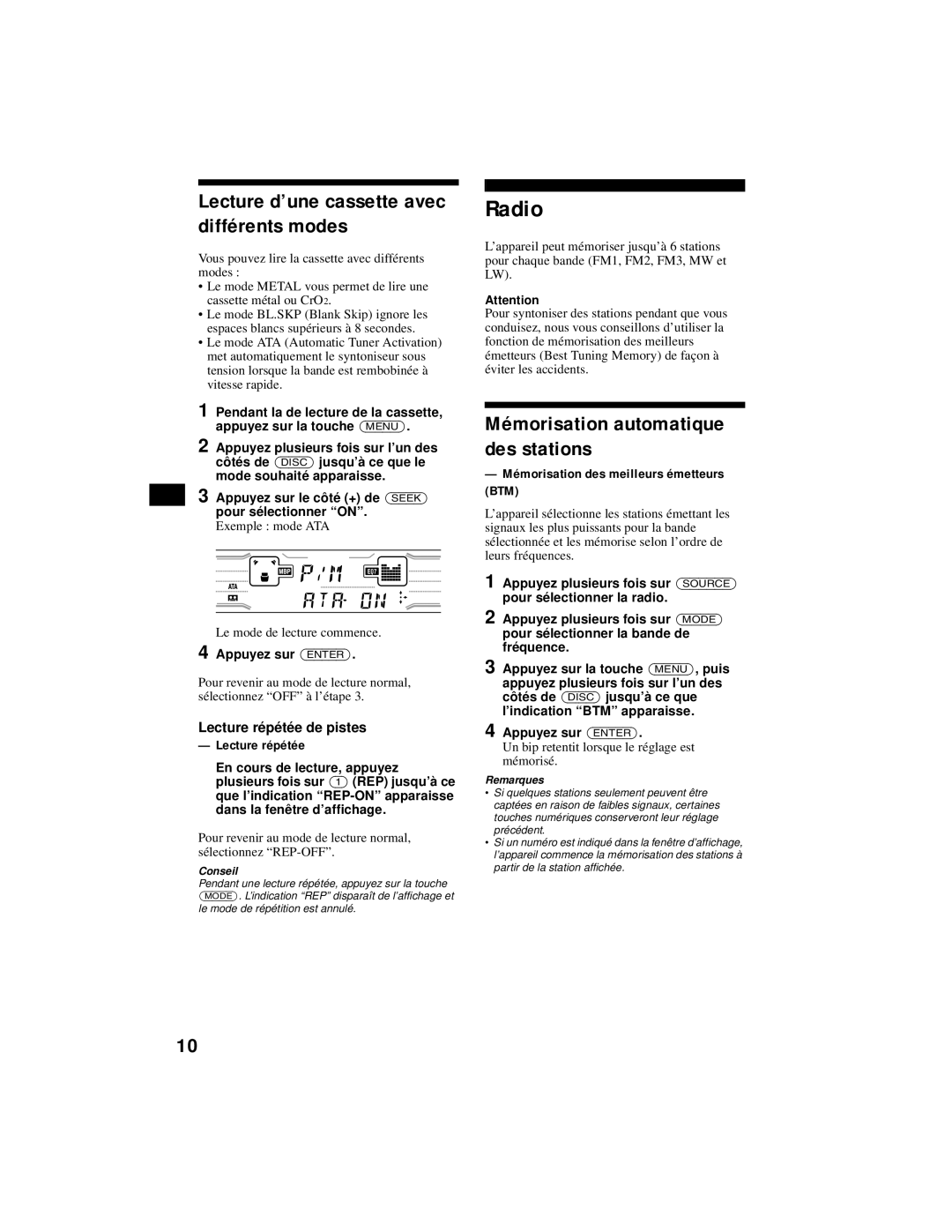 Sony XR-CA800 operating instructions Lecture d’une cassette avec différents modes, Mémorisation automatique des stations 