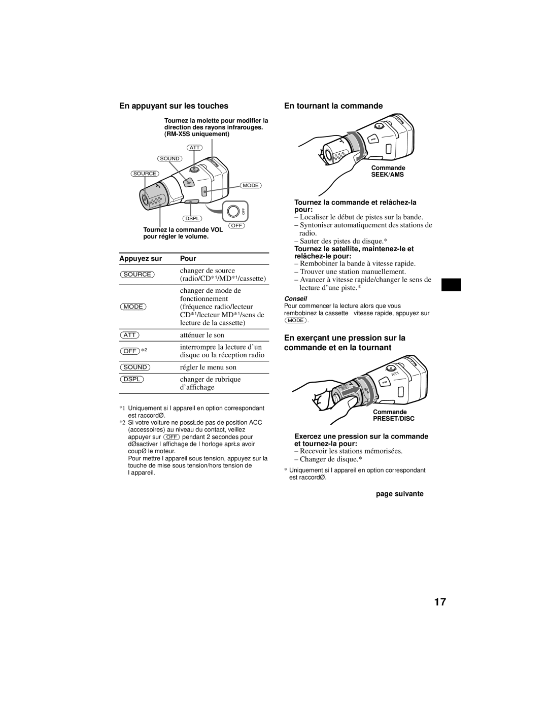 Sony XR-CA800 operating instructions En appuyant sur les touches, En tournant la commande 