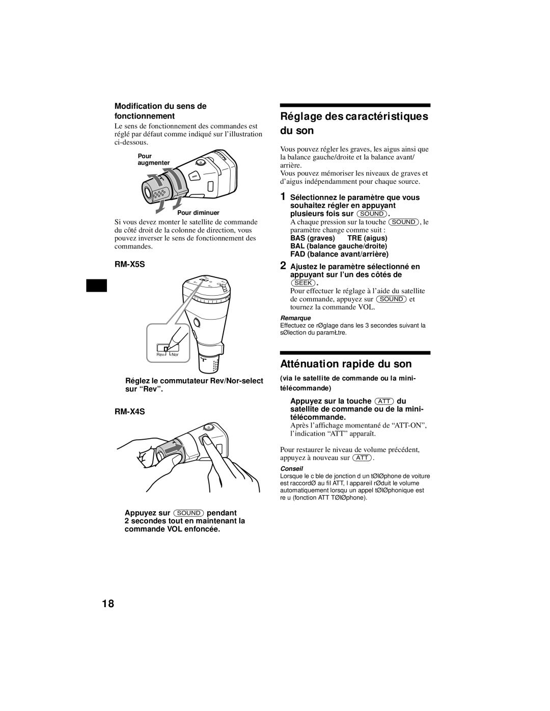 Sony XR-CA800 Réglage des caractéristiques du son, Atténuation rapide du son, Modification du sens de fonctionnement 