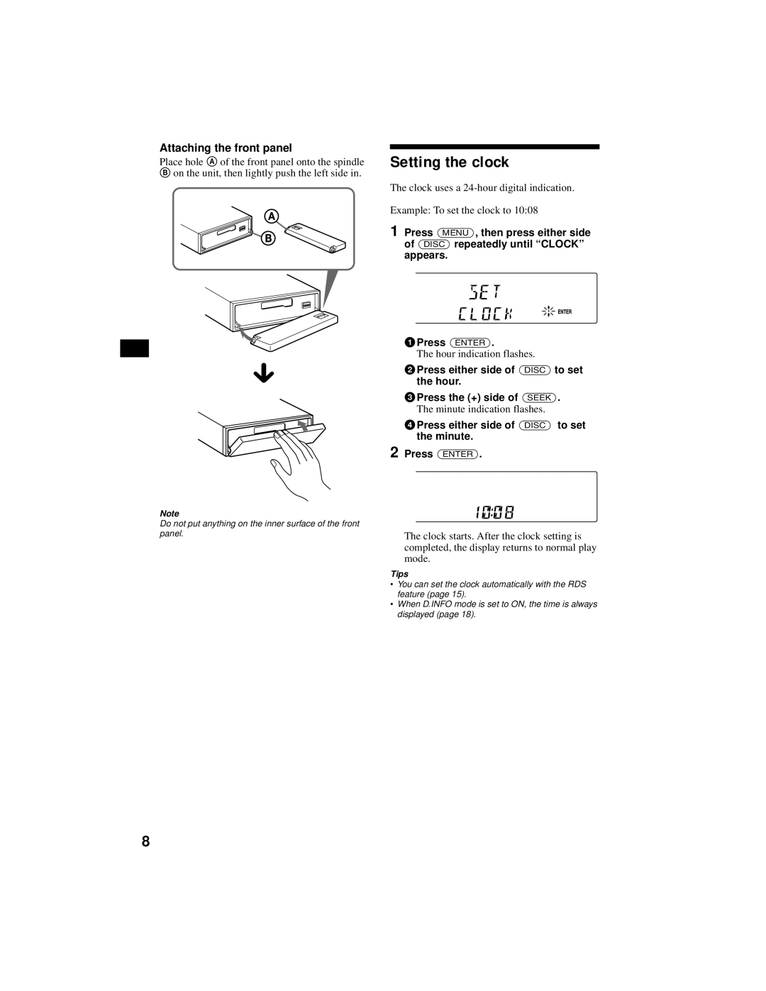 Sony XR-CA800 Setting the clock, Attaching the front panel, Hour indication flashes, Minute indication flashes 