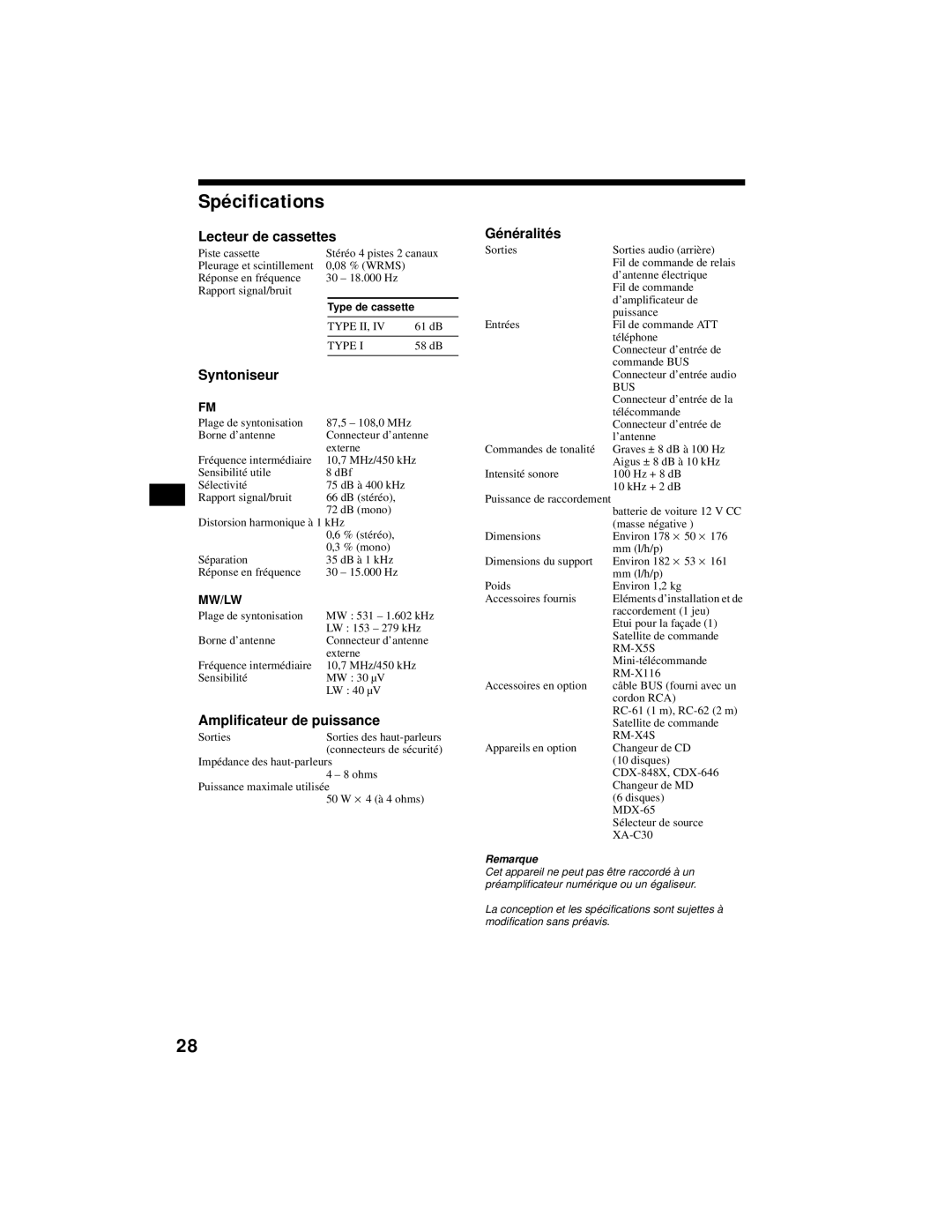 Sony XR-CA800 Spécifications, Lecteur de cassettes, Syntoniseur, Amplificateur de puissance, Gé né ralité s 