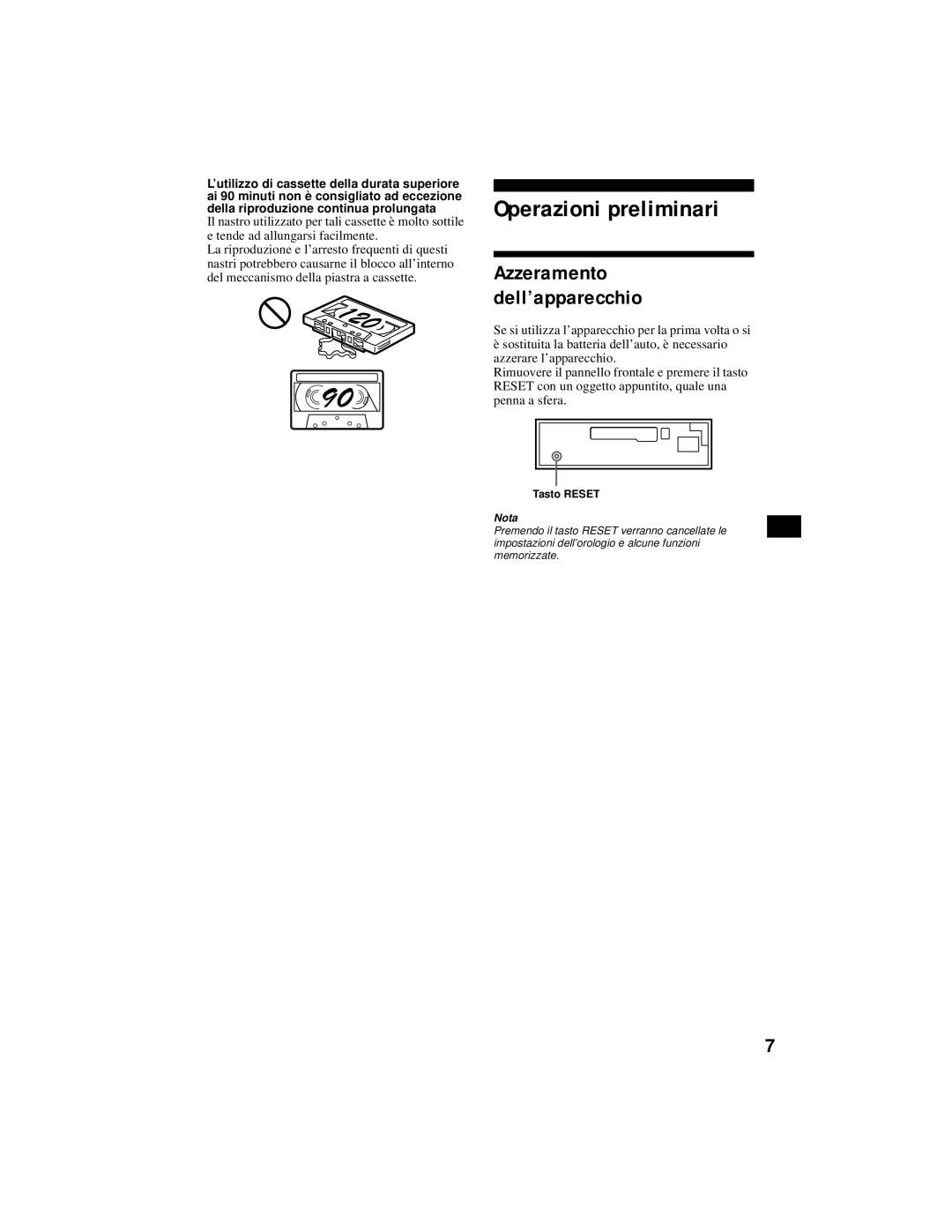 Sony XR-CA800 operating instructions Operazioni preliminari, Azzeramento dell’apparecchio 