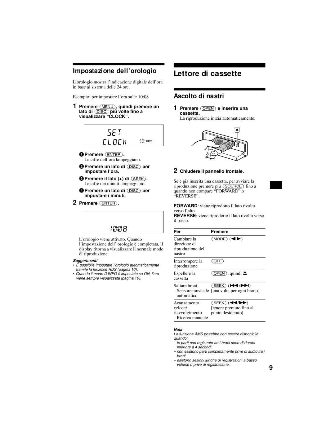 Sony XR-CA800 operating instructions Lettore di cassette, Impostazione dell’orologio, Ascolto di nastri 