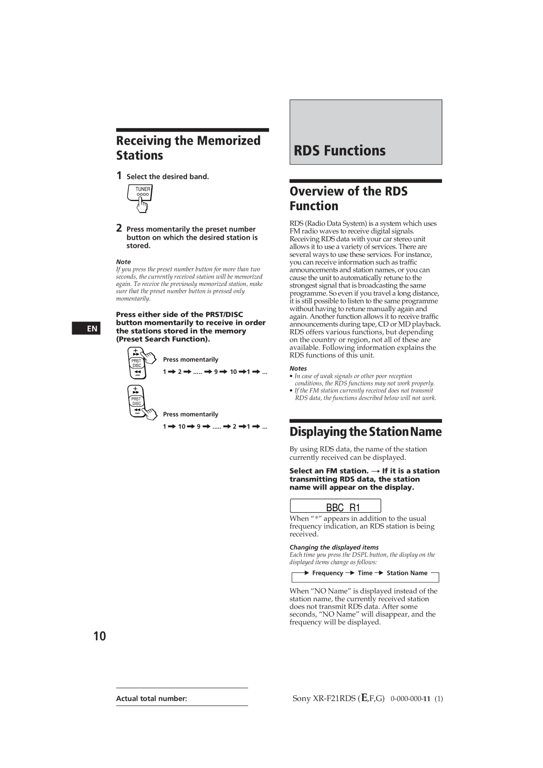 Sony XR-F21RDS RDS Functions, Receiving the Memorized Stations, Overview of the RDS Function, Displaying the StationName 