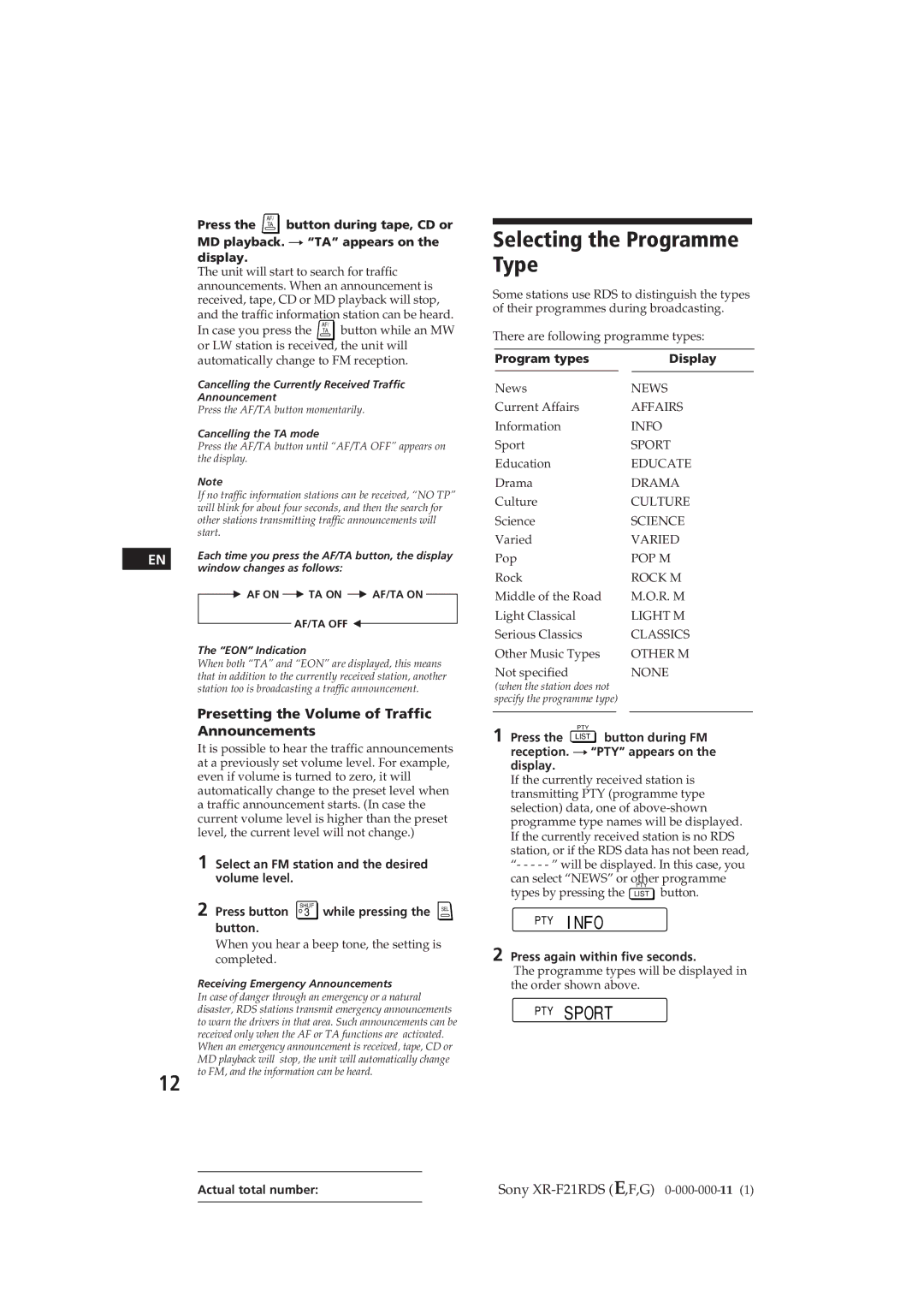 Sony XR-F21RDS operating instructions Selecting the Programme Type, Presetting the Volume of Traffic Announcements 