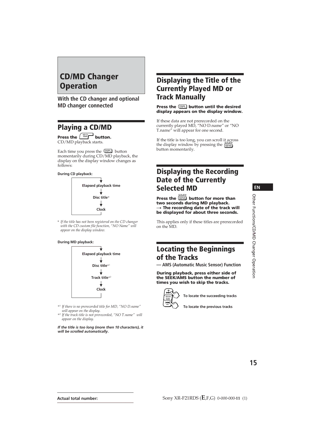 Sony XR-F21RDS CD/MD Changer Operation, Playing a CD/MD, Displaying the Recording Date of the Currently Selected MD, Press 