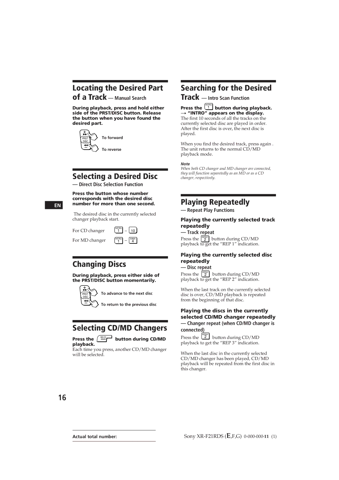 Sony XR-F21RDS Locating the Desired Part, Selecting a Desired Disc, Changing Discs, Selecting CD/MD Changers 