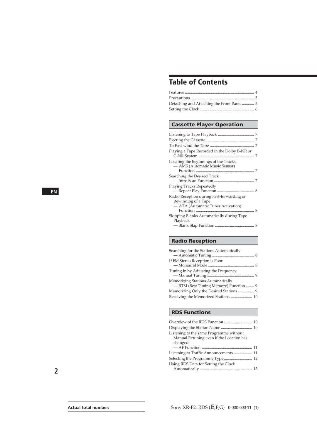 Sony XR-F21RDS operating instructions Table of Contents 