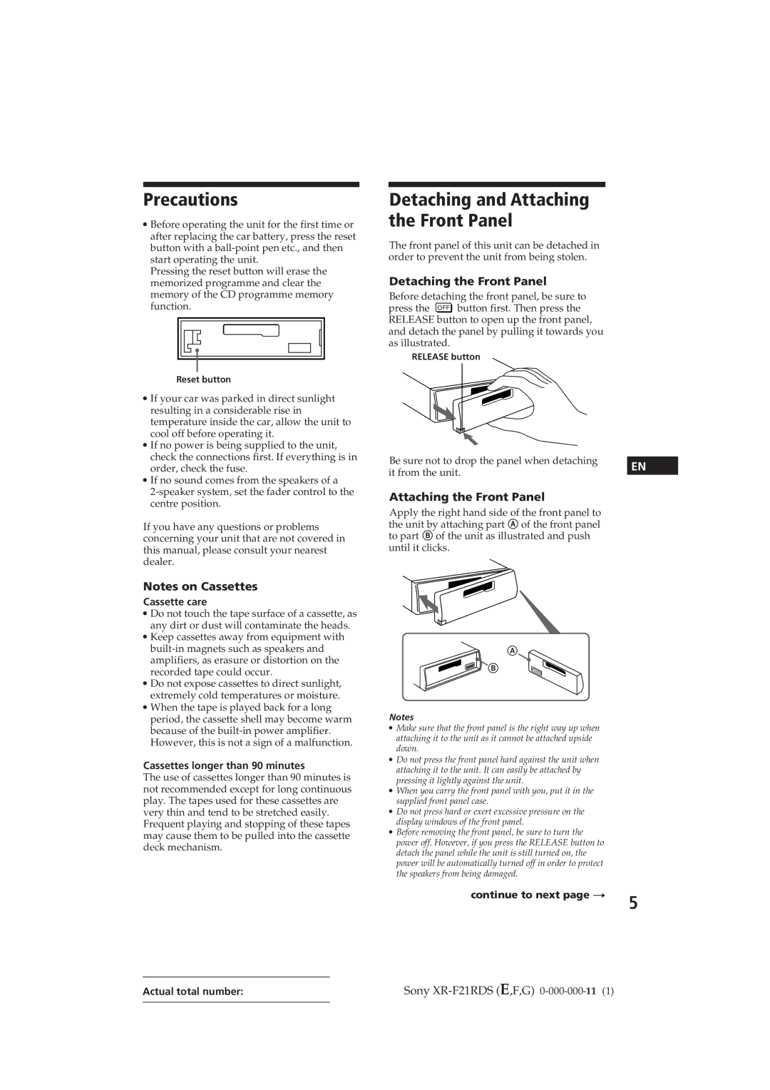 Sony XR-F21RDS operating instructions Precautions, Detaching and Attaching the Front Panel, Detaching the Front Panel 