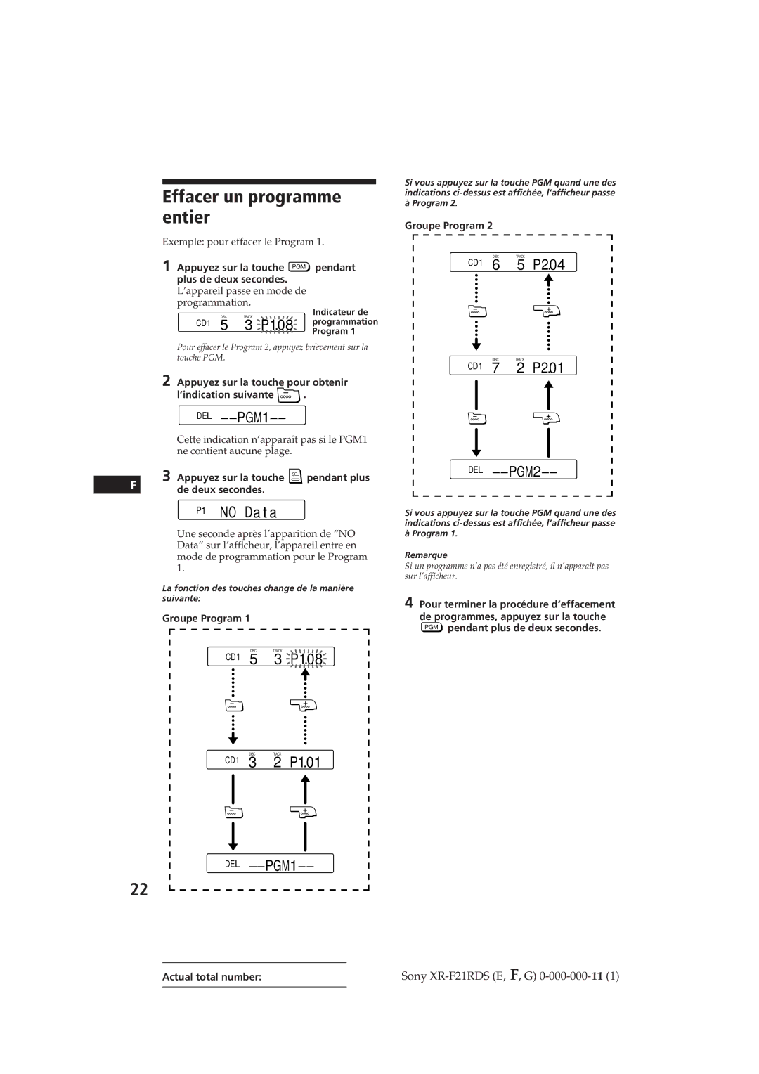 Sony XR-F21RDS operating instructions Effacer un programme entier, CD1 7 2 P20.1 DEL --PGM2 