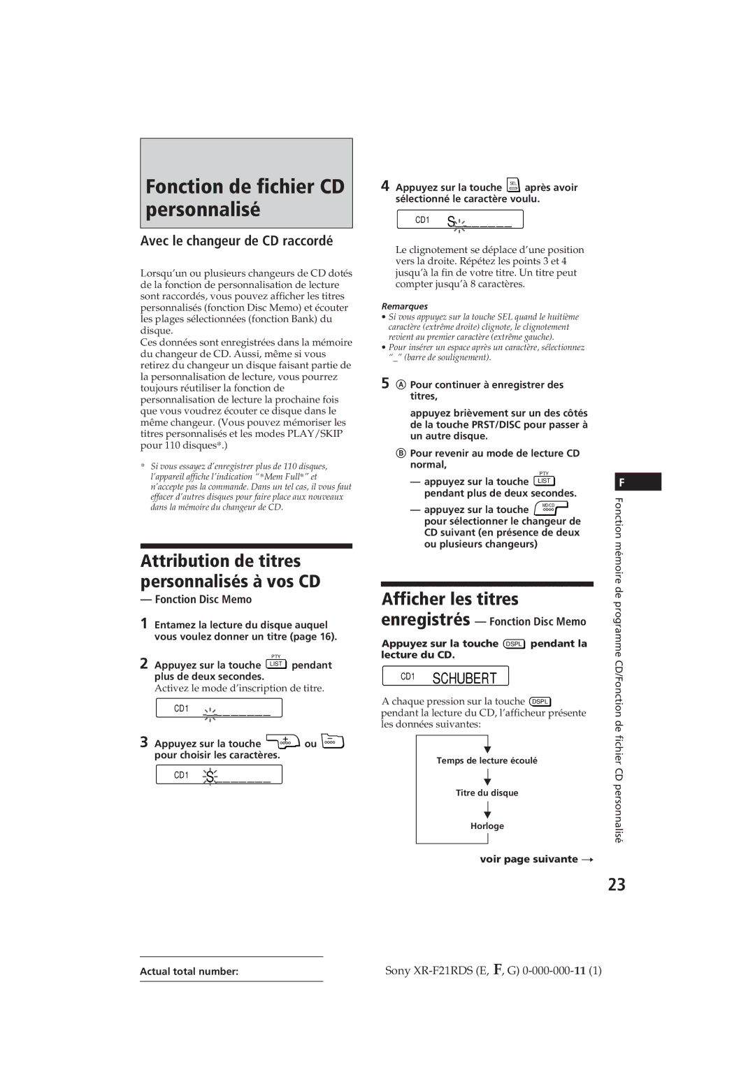 Sony XR-F21RDS Fonction de fichier CD personnalisé, Afficher les titres, Attribution de titres personnalisés à vos CD 