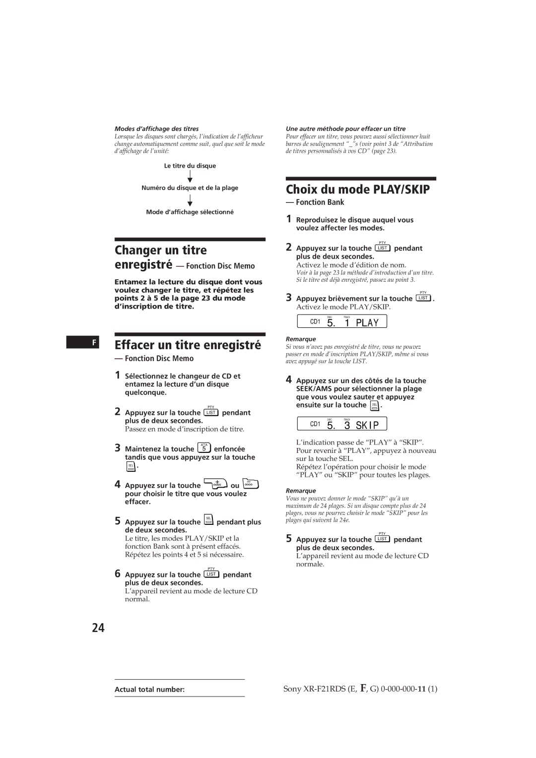 Sony XR-F21RDS operating instructions Changer un titre, Effacer un titre enregistré, Choix du mode PLAY/SKIP, CD1 5 SK I P 