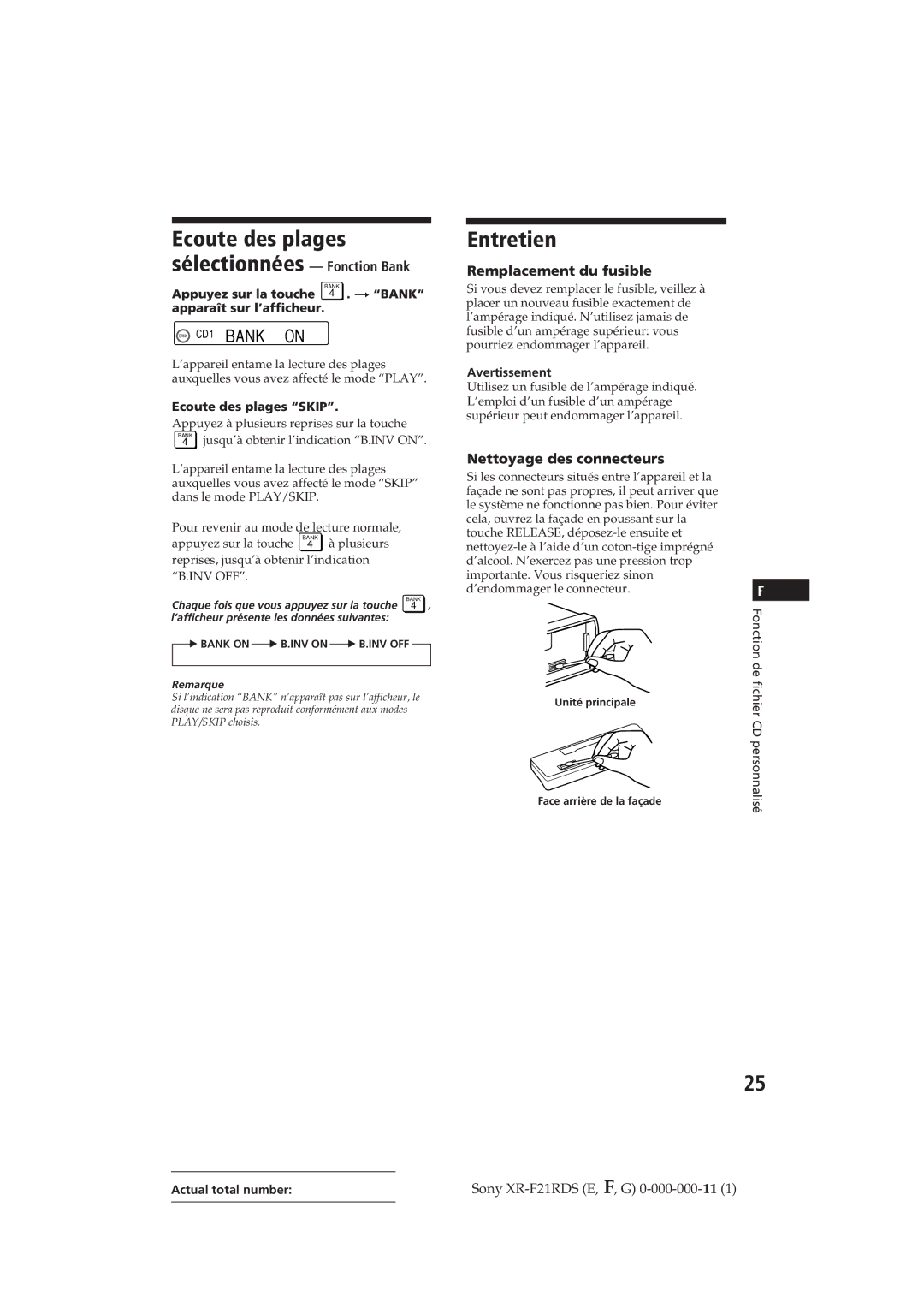 Sony XR-F21RDS operating instructions Entretien, Remplacement du fusible, Nettoyage des connecteurs 