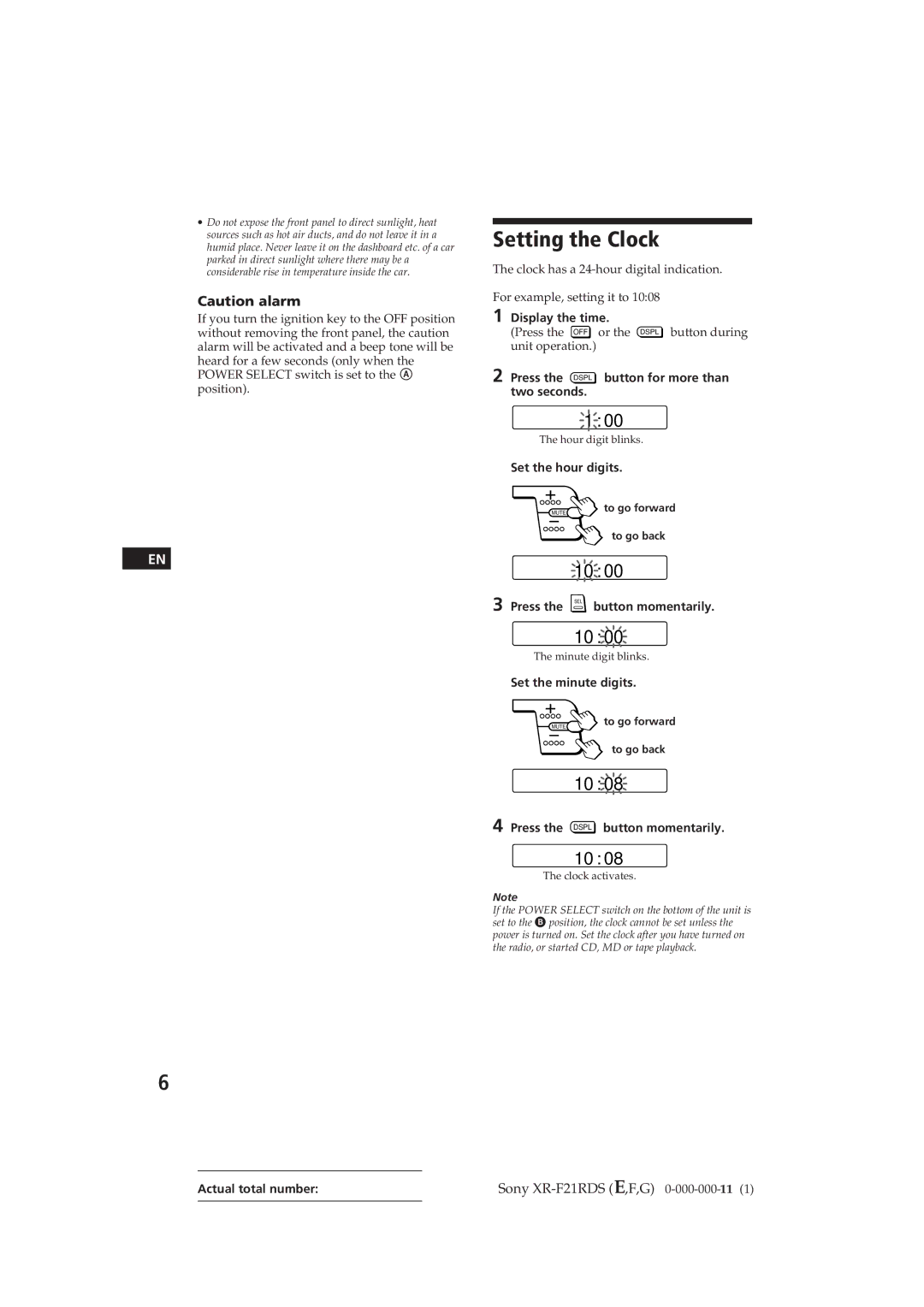 Sony XR-F21RDS operating instructions Setting the Clock 