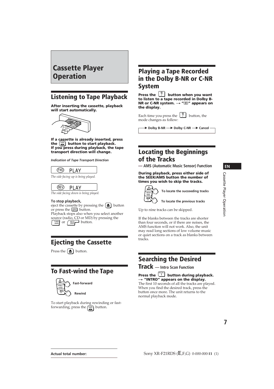 Sony XR-F21RDS operating instructions Cassette Player Operation 