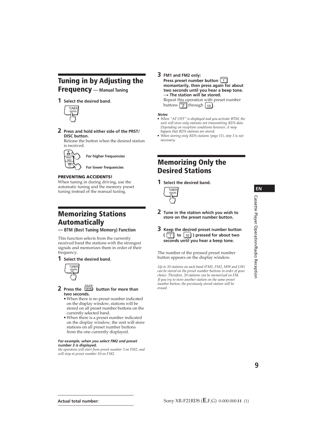 Sony XR-F21RDS Memorizing Only Desired Stations, Tuning in by Adjusting the Frequency, Memorizing Stations Automatically 