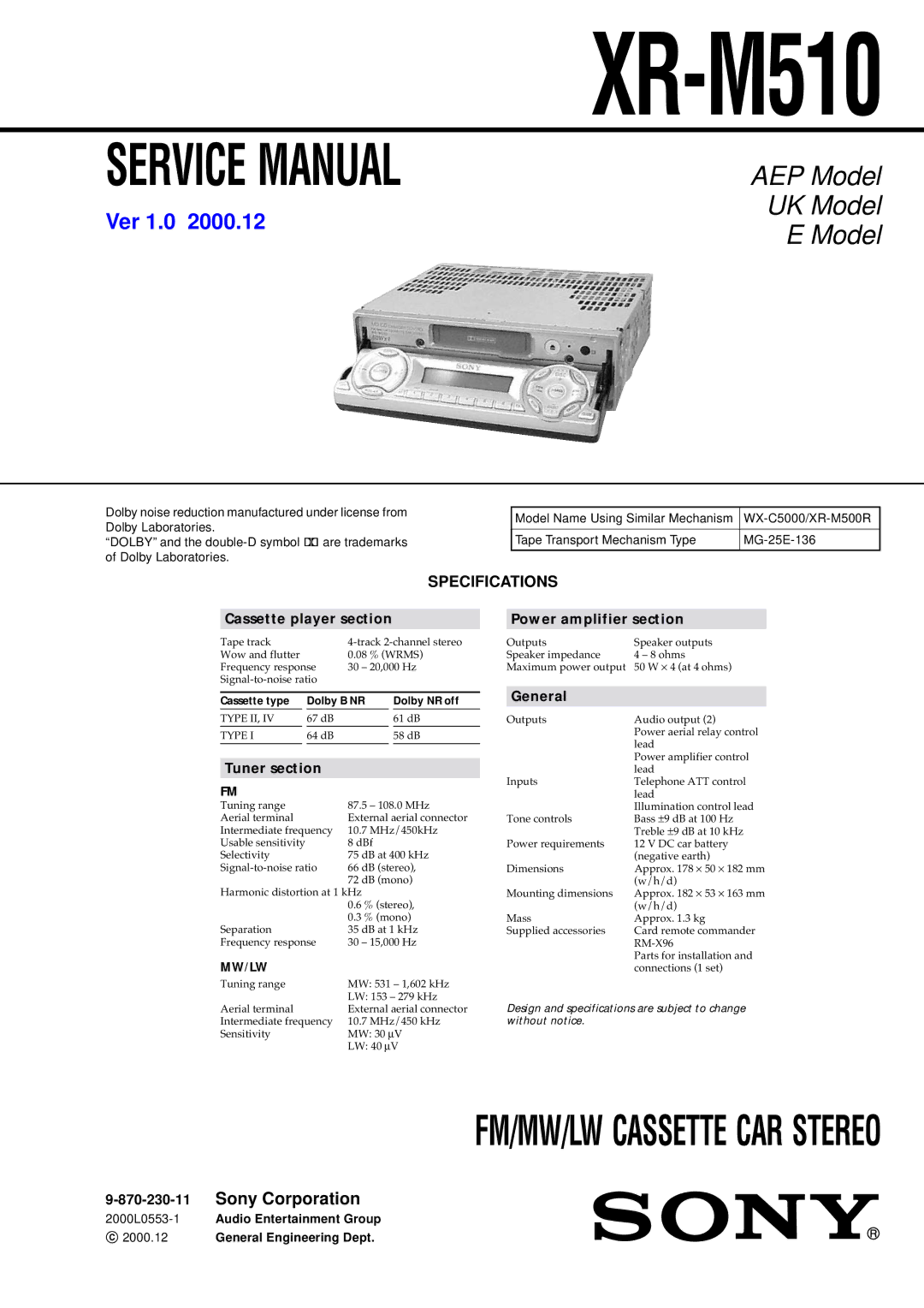 Sony XR-M510 service manual Specifications, Cassette type Dolby B NR Dolby NR off 