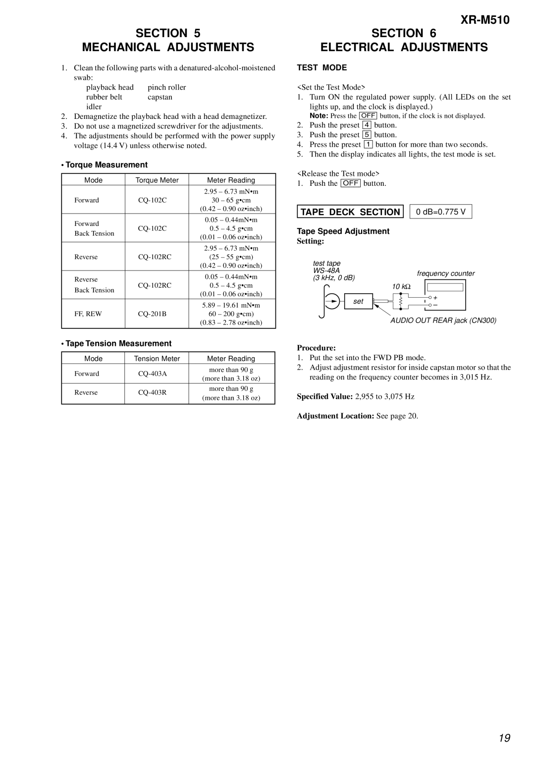 Sony XR-M510 service manual Section Mechanical Adjustments, Section Electrical Adjustments, Tape Deck Section 