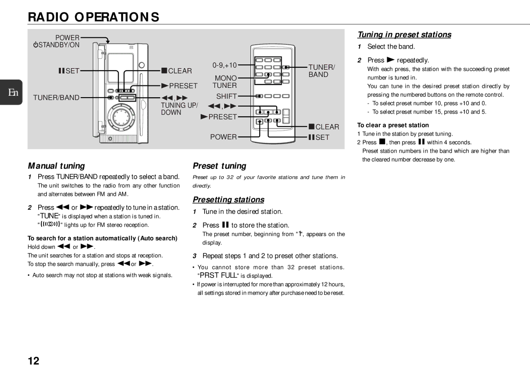 Sony XR-MS5 manual Radio Operations, Manual tuning, Preset tuning, To clear a preset station 