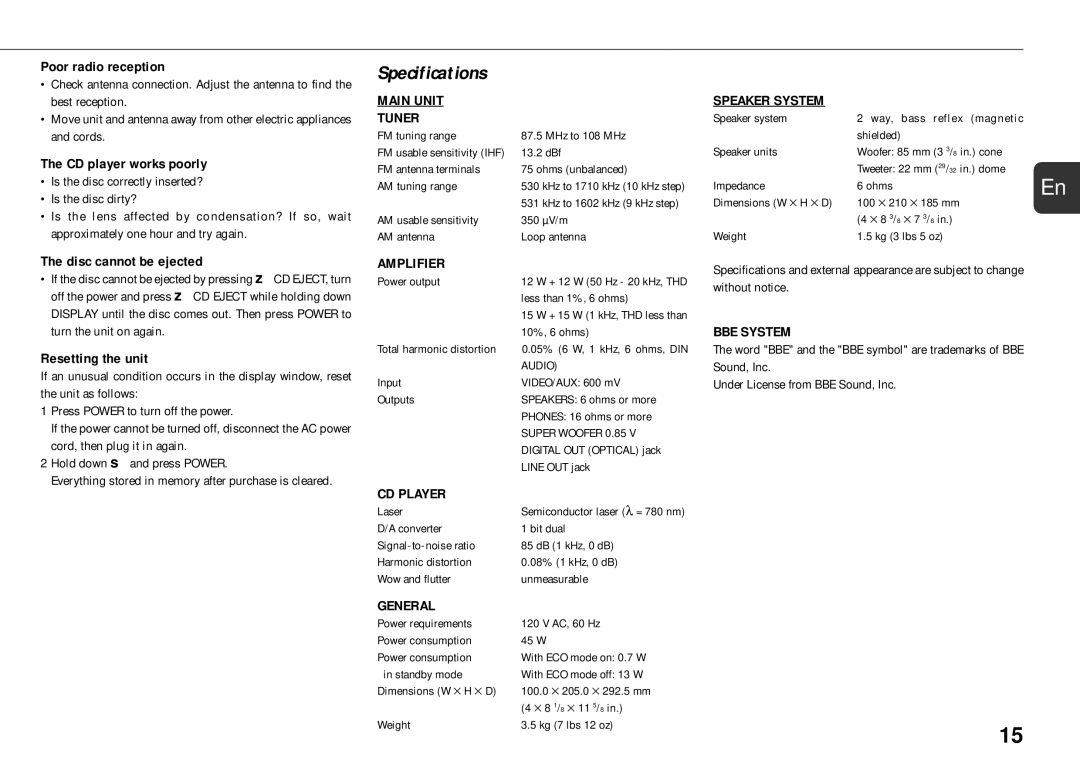 Sony XR-MS5 manual Specifications 