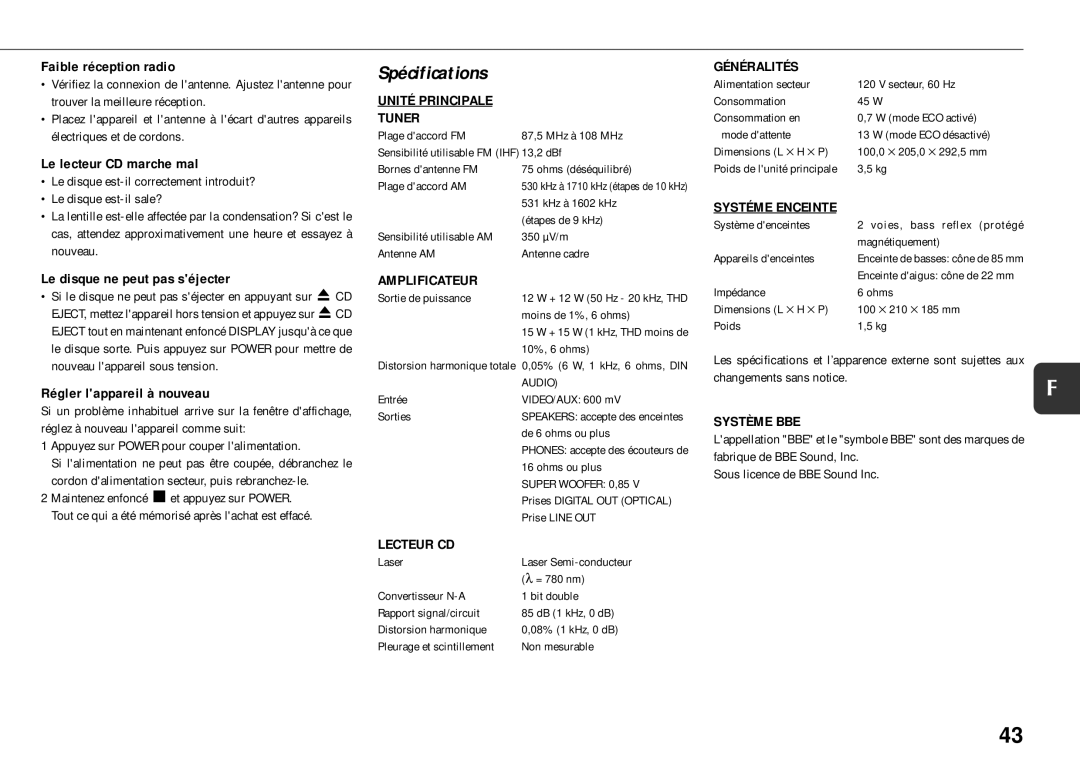 Sony XR-MS5 manual Spécifications 