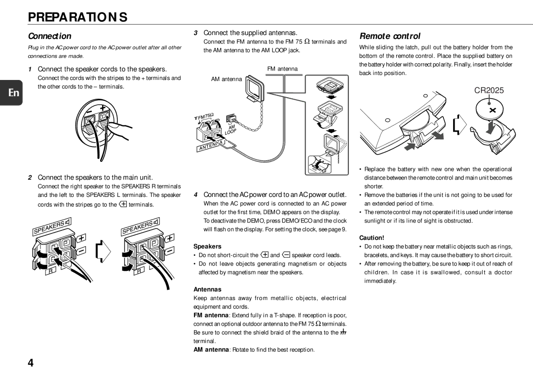 Sony XR-MS5 manual Preparations, Connection, Remote control, Speakers, Antennas 