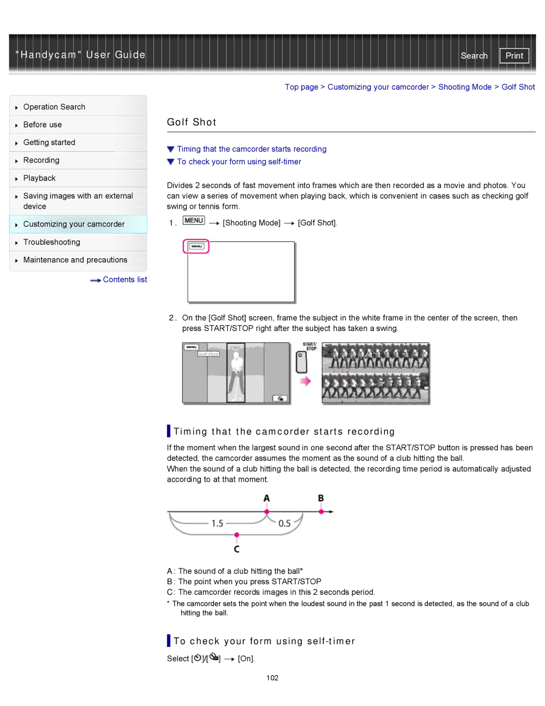 Sony HDR-PJ580, XR260V manual Golf Shot, Timing that the camcorder starts recording, To check your form using self-timer 