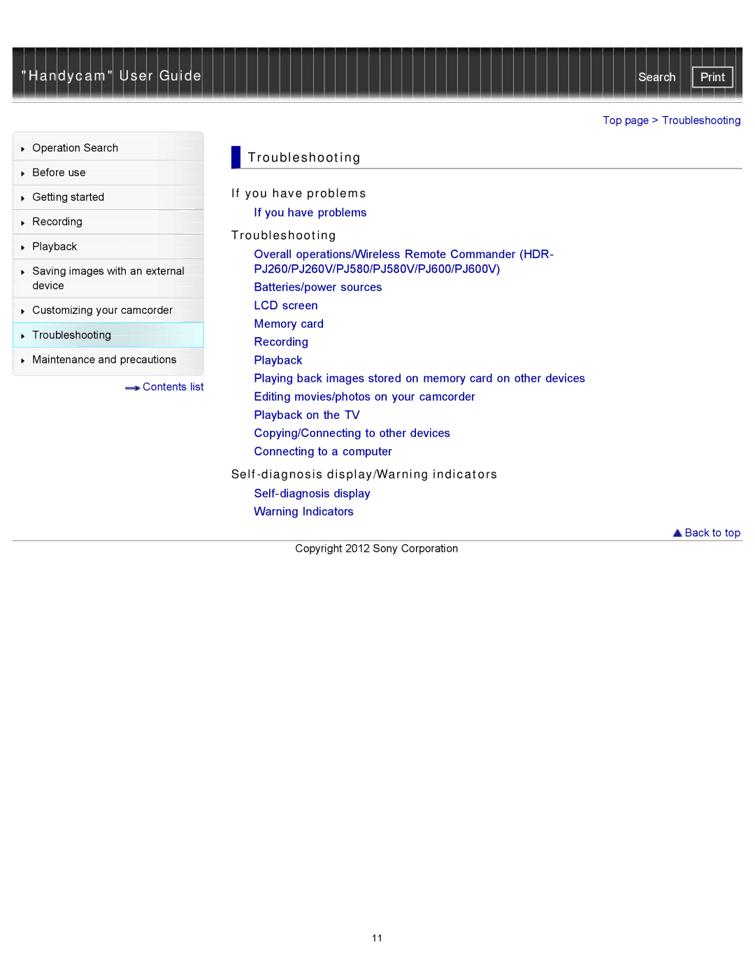 Sony XR260V, HDR-PJ600V, HDR-PJ580V manual Troubleshooting, If you have problems, Self-diagnosis display/Warning indicators 