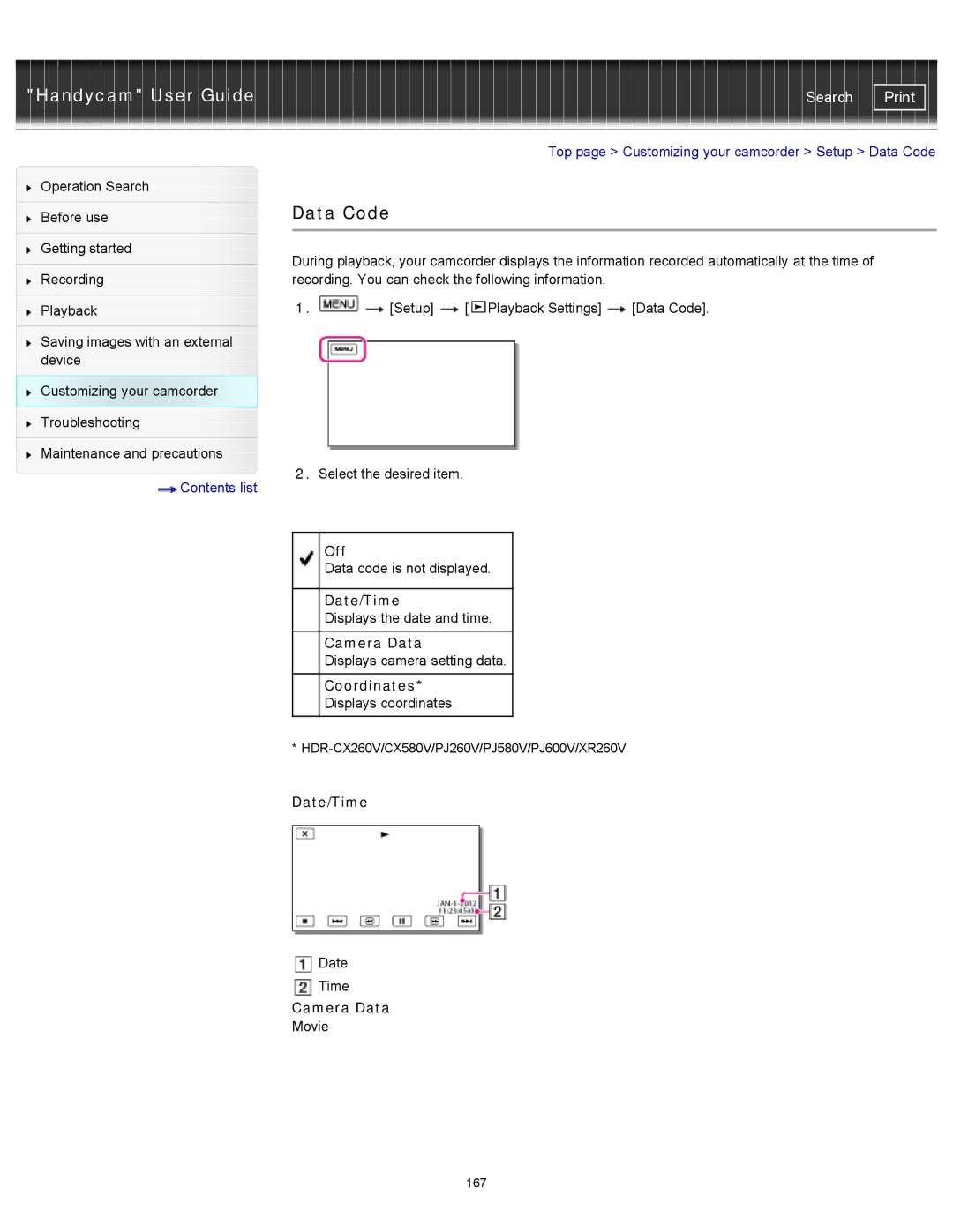 Sony HDR-PJ580V, XR260V manual Top page Customizing your camcorder Setup Data Code, Date/Time, Camera Data, Coordinates 