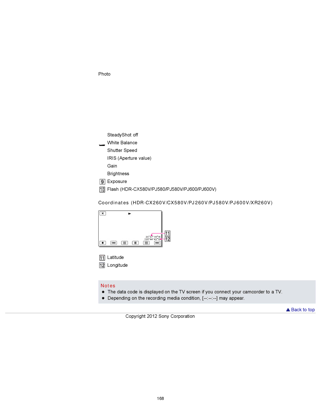 Sony HDR-PJ600V, HDR-PJ580V, HDR-CX260V/B, HDR-CX580V, HDR-CX250 Coordinates HDR-CX260V/CX580V/PJ260V/PJ580V/PJ600V/XR260V 