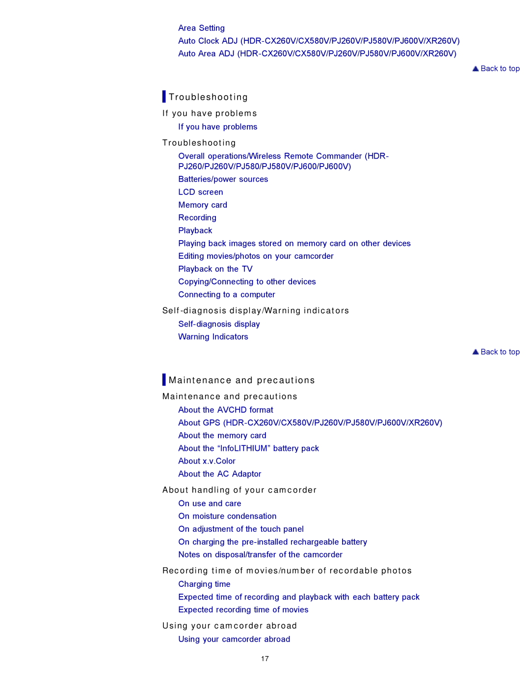 Sony HDR-CX580V, XR260V, HDR-PJ600V, HDR-PJ580V, HDR-CX260V/B, HDR-CX250, HDR-PJ260V manual Troubleshooting 