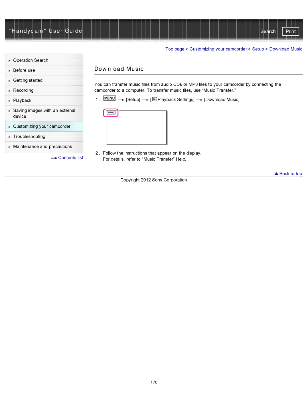 Sony HDR-CX260V/B, XR260V, HDR-PJ600V, HDR-PJ580V, HDR-CX580V, HDR-CX250, HDR-PJ260V manual Download Music, Contents list 