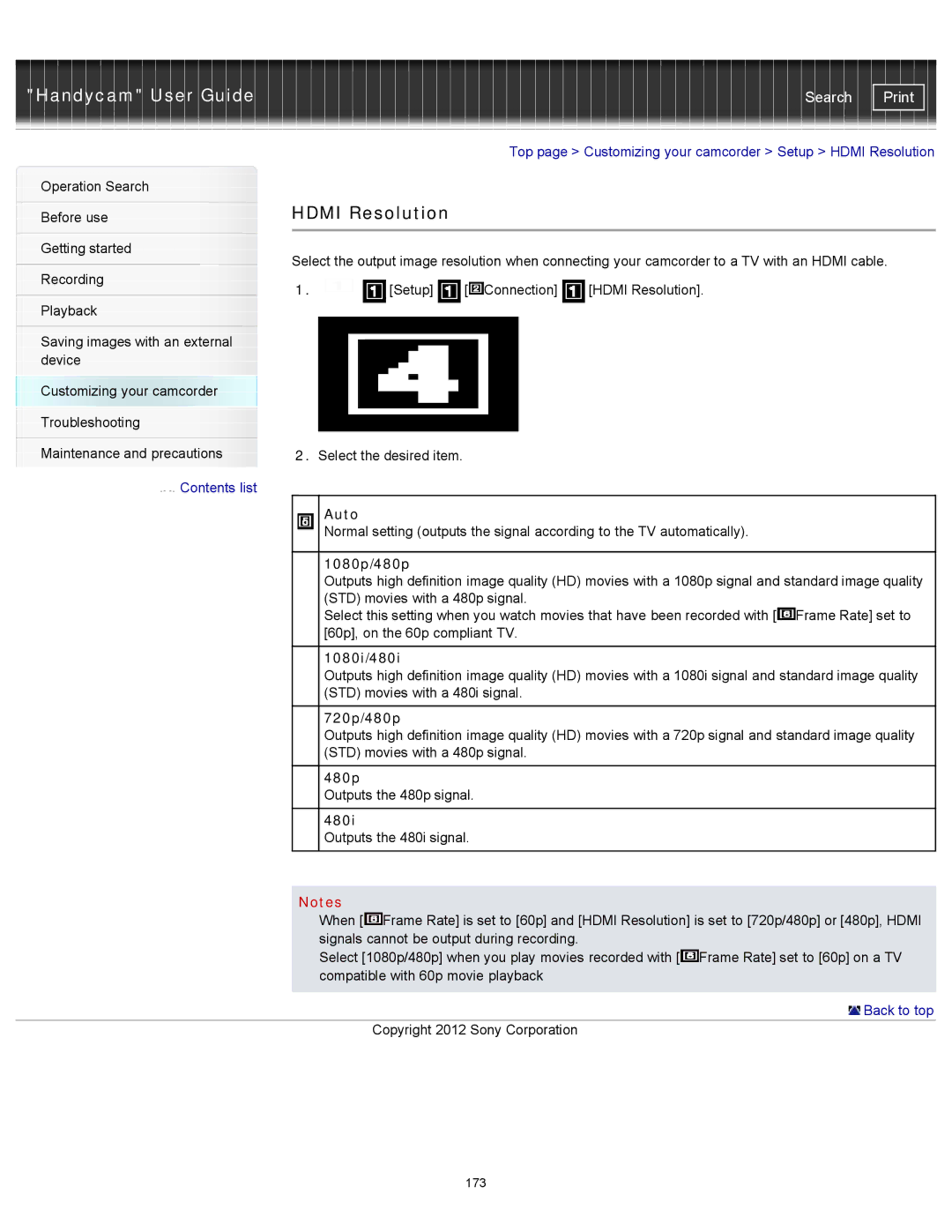 Sony HDR-CX250, XR260V, HDR-PJ600V, HDR-PJ580V, HDR-CX260V/B, HDR-CX580V, HDR-PJ260V manual Hdmi Resolution 