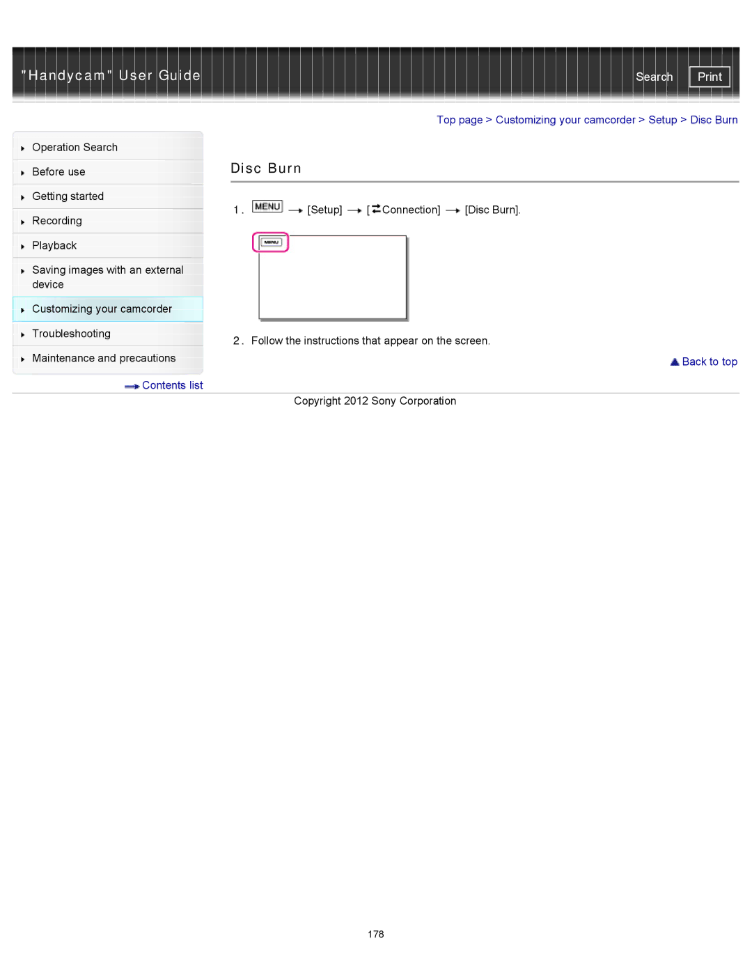 Sony HDR-PJ580V, XR260V, HDR-PJ600V, HDR-CX260V/B, HDR-CX580V manual Top page Customizing your camcorder Setup Disc Burn 