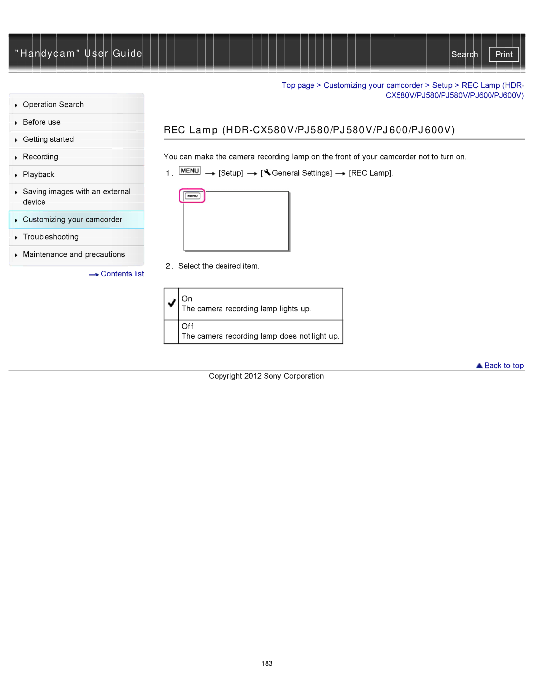 Sony HDR-CX260V REC Lamp HDR-CX580V/PJ580/PJ580V/PJ600/PJ600V, Top page Customizing your camcorder Setup REC Lamp HDR 