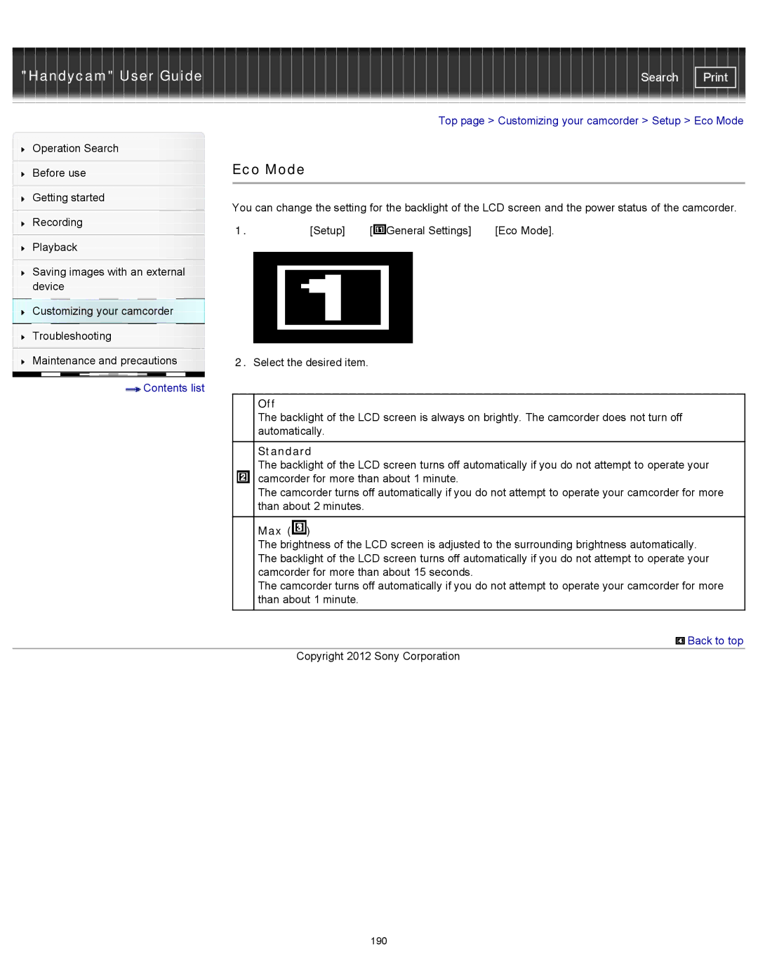 Sony XR260V, HDR-PJ600V, HDR-PJ580V, HDR-CX260V/B, HDR-CX580V Top page Customizing your camcorder Setup Eco Mode, Max 