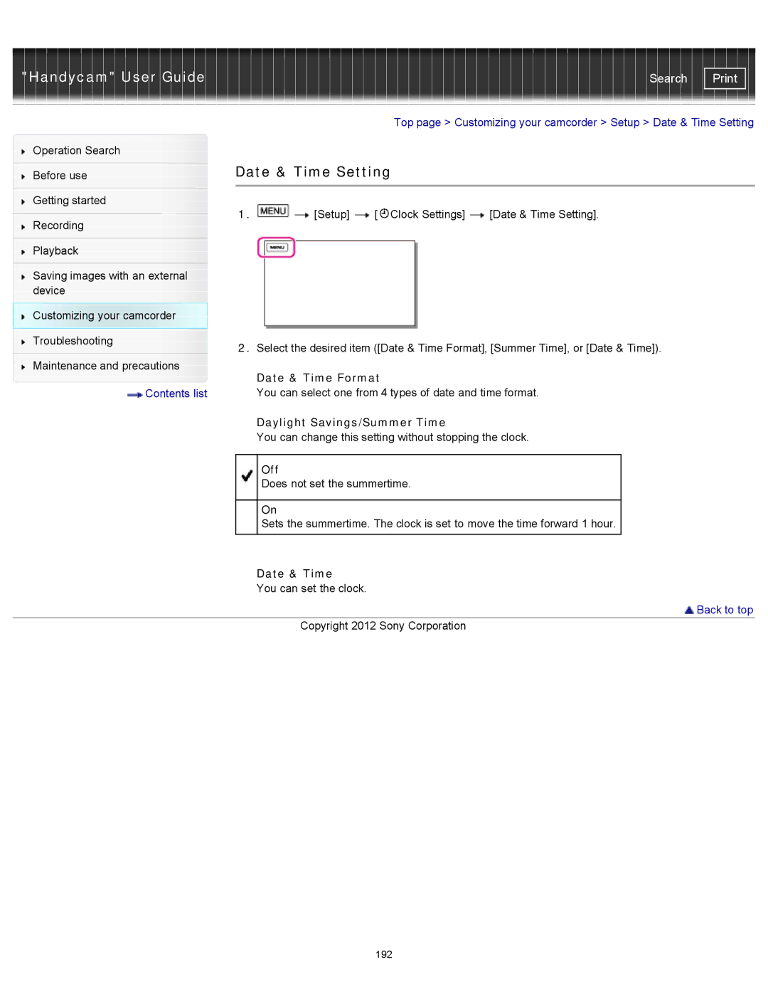 Sony HDR-CX260V/B, XR260V, HDR-PJ600V, HDR-PJ580V manual Date & Time Setting, Date & Time Format, Daylight Savings/Summer Time 