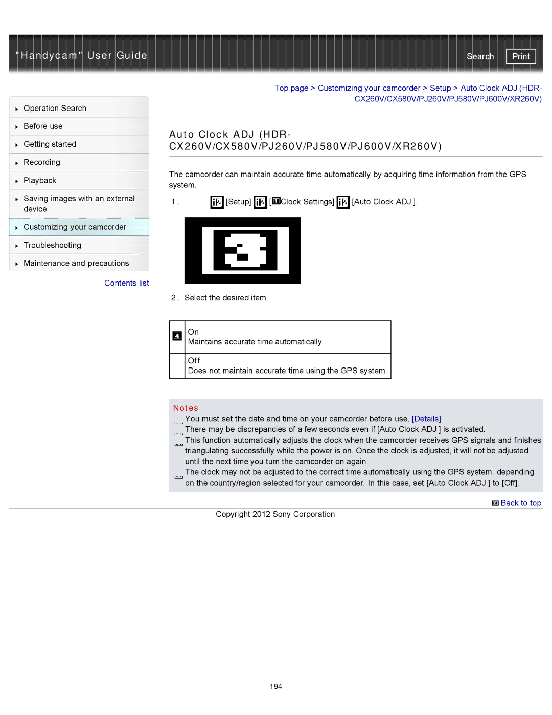 Sony HDR-CX260V, XR260V, HDR-PJ600V, HDR-PJ580V, HDR-CX580V Top page Customizing your camcorder Setup Auto Clock ADJ HDR 