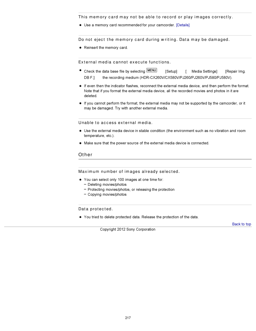 Sony HDR-CX250, XR260V Other, External media cannot execute functions, Unable to access external media, Data protected 