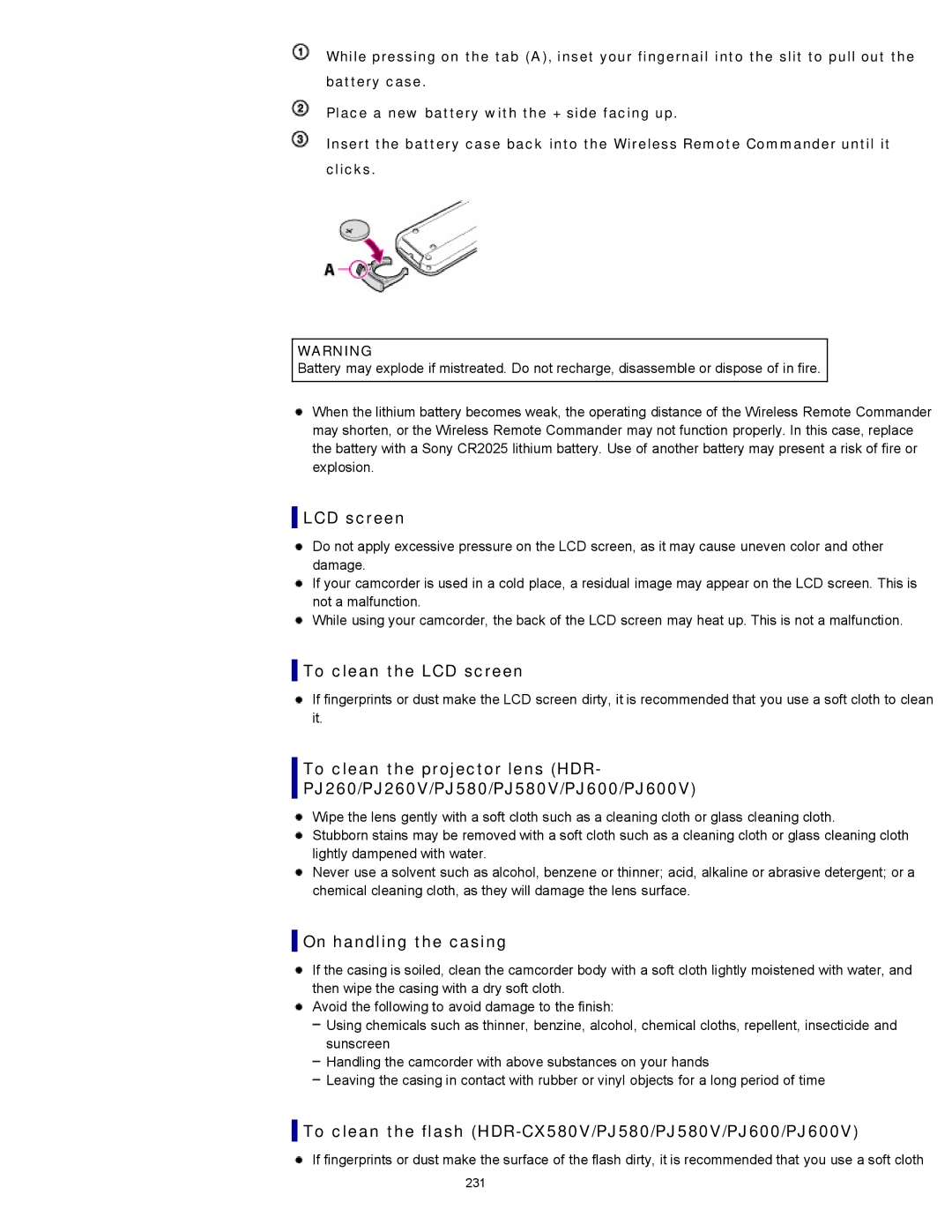 Sony XR260V To clean the LCD screen, On handling the casing, To clean the flash HDR-CX580V/PJ580/PJ580V/PJ600/PJ600V 