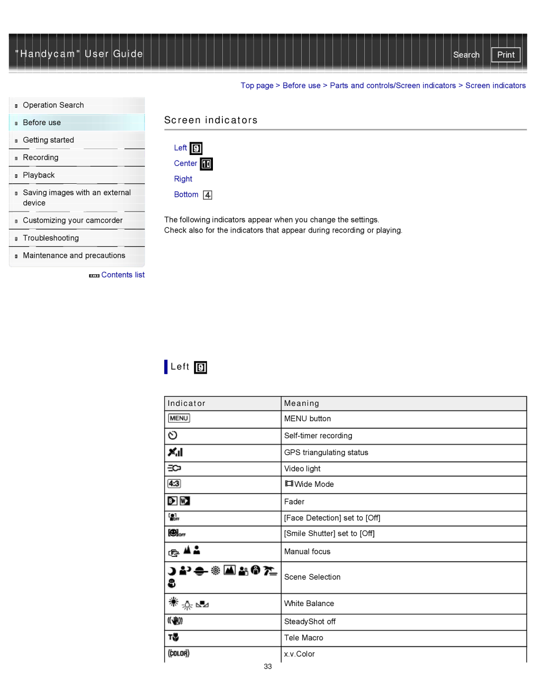 Sony XR260V, HDR-PJ600V, HDR-PJ580V, HDR-CX260V/B manual Screen indicators, Left Center Right Bottom, Indicator Meaning 